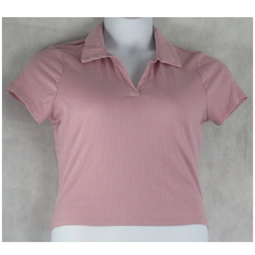 Ultra Flirt Juniors Short-Sleeve Ribbed Collared Cropped T-Shirt, Pink Dawn, XL